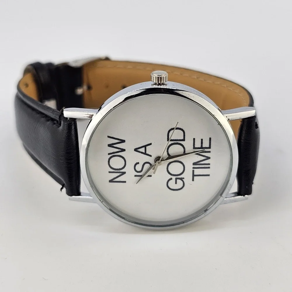 Now Is A Good Time Women's Watch 38MM White Dial Black Leather Bands NEW Battery